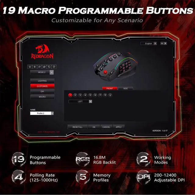 Alt view image 3 of 7 - Gaming Mouse, MMO Mouse Gaming UP 12400 DPI, 19 Macro Programmable Buttons, RGB Mouse with 12 Side Buttons, 8 * 2.4g Weight Tuning for PC Laptop MOBA FPS, M901K, Black