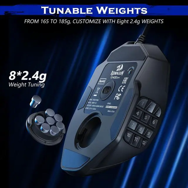 Alt view image 6 of 7 - Gaming Mouse, MMO Mouse Gaming UP 12400 DPI, 19 Macro Programmable Buttons, RGB Mouse with 12 Side Buttons, 8 * 2.4g Weight Tuning for PC Laptop MOBA FPS, M901K, Black