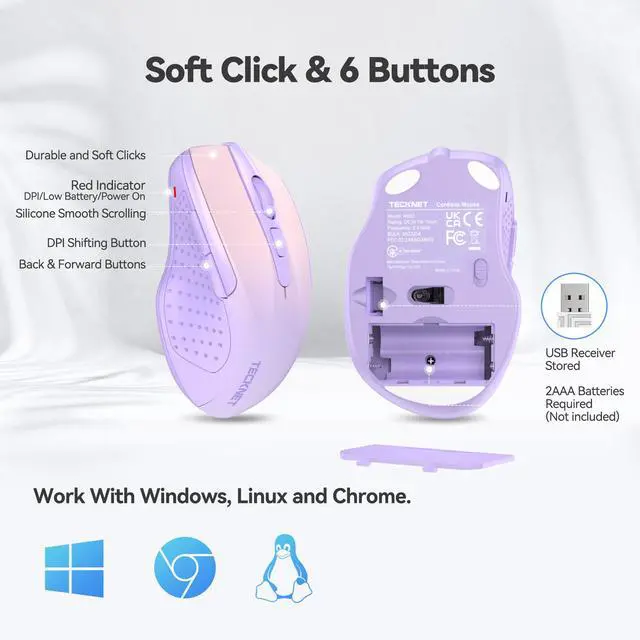 Alt view image 6 of 7 - Wireless Mouse, 2.4G Ergonomic Optical Mouse, Computer Mouse for Laptop, PC, Computer, Chromebook, Notebook, 6 Buttons, 24 Months Battery Life, 2600 DPI, 5 Adjustment Levels, Gradient Lavender