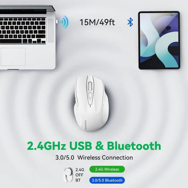 Alt view image 2 of 7 - Bluetooth Mouse (BT5.0/3.0 & 2.4G) Rechargeable Wireless Mouse 2.4GHz with USB A Receiver, 4800 DPI Optical Tracking, 6 Adjustable DPI, Quiet Clicks, 6 Buttons, Wide Compatibility - White