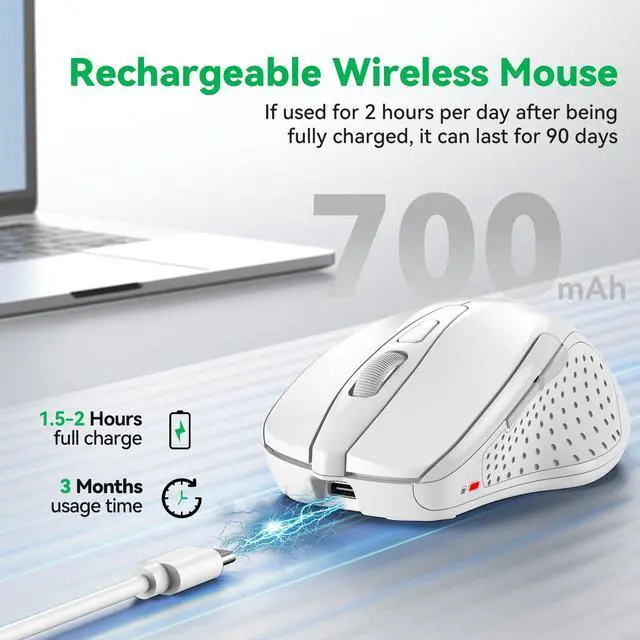 Alt view image 5 of 7 - Bluetooth Mouse (BT5.0/3.0 & 2.4G) Rechargeable Wireless Mouse 2.4GHz with USB A Receiver, 4800 DPI Optical Tracking, 6 Adjustable DPI, Quiet Clicks, 6 Buttons, Wide Compatibility - White