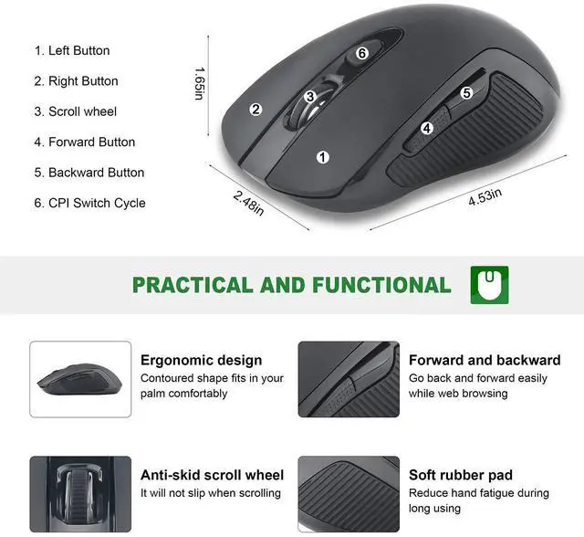Alt view image 3 of 7 - 2.4G Wireless Mice Super Energy Saving Portable Optical PC Laptop Computer Mouse, 5 Adjustable DPI Mice, 6 Buttons for Windows macOS Linux