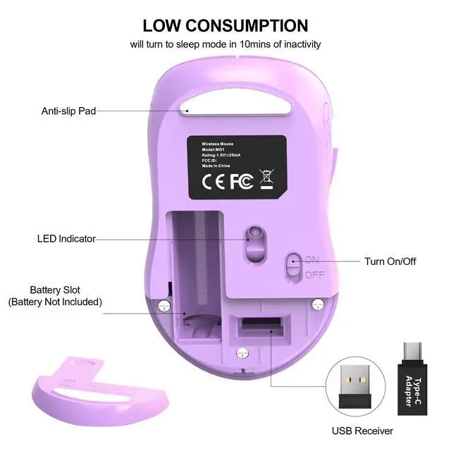 Alt view image 5 of 6 - 2.4G Wireless Mouse for Laptop, Ergonomic Computer Mouse with USB Receiver and Type-C Adapter, 3 Adjustable Levels DPI, 6 Button Mice (Lilac)