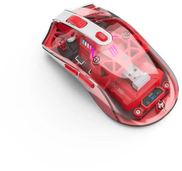 Main image of Wireless Mouse with Transparent Shell and RGB Lighting, Dual-Mode Bluetooth & 2.4GHz, Adjustable DPI, Cyberpunk Style for Office, Gaming, and Creative Work, Red (MKE 830)
