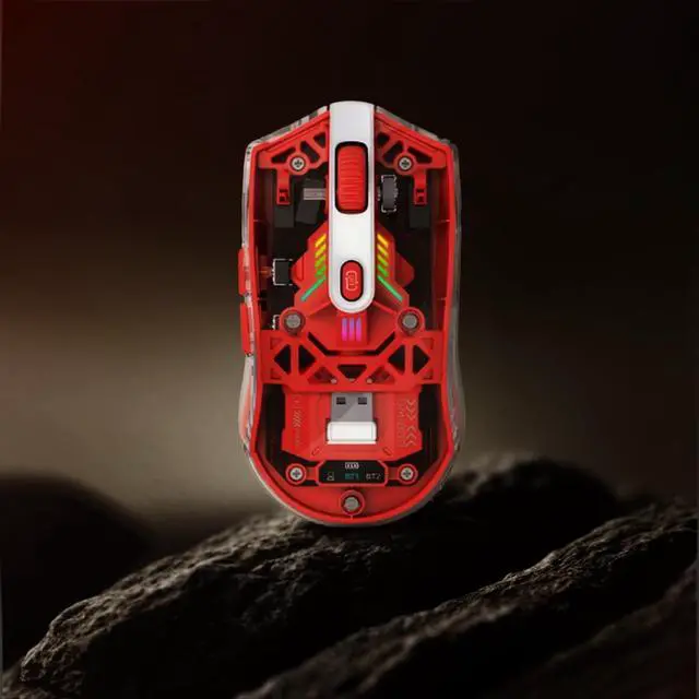 Alt view image 2 of 7 - Wireless Mouse with Transparent Shell and RGB Lighting, Dual-Mode Bluetooth & 2.4GHz, Adjustable DPI, Cyberpunk Style for Office, Gaming, and Creative Work, Red (MKE 830)
