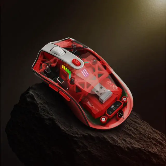Alt view image 4 of 7 - Wireless Mouse with Transparent Shell and RGB Lighting, Dual-Mode Bluetooth & 2.4GHz, Adjustable DPI, Cyberpunk Style for Office, Gaming, and Creative Work, Red (MKE 830)