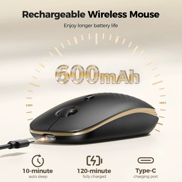 Alt view image 3 of 7 - Rechargeable Slim Portable Silent Computer 2.4 GHz Wireless Mouse | Lightweight Ambidextrous with Nano Receiver, 4000 DPI Optical Tracking 90-Day Battery Life, Compatible with PC, Mac, Laptop