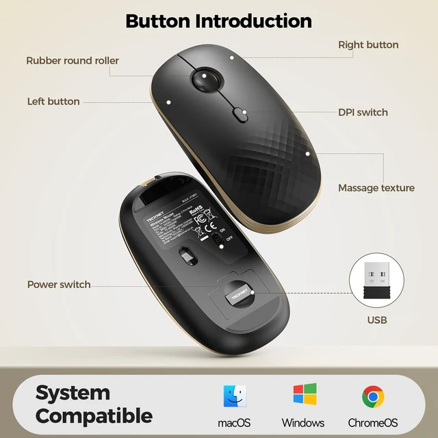 Alt view image 7 of 7 - Rechargeable Slim Portable Silent Computer 2.4 GHz Wireless Mouse | Lightweight Ambidextrous with Nano Receiver, 4000 DPI Optical Tracking 90-Day Battery Life, Compatible with PC, Mac, Laptop