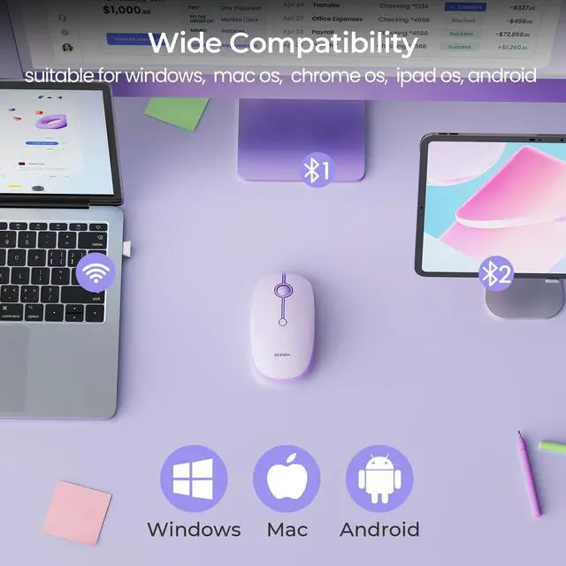 Alt view image 6 of 7 - MOU001 Bluetooth Wireless Mouse, 3-Device Connection (USB & Dual Bluetooth), Ergonomic Mouse for Laptop, Rechargeable Quiet Click Computer Mouse, 3-Level DPI for Windows, Mac Chromebook,Purple