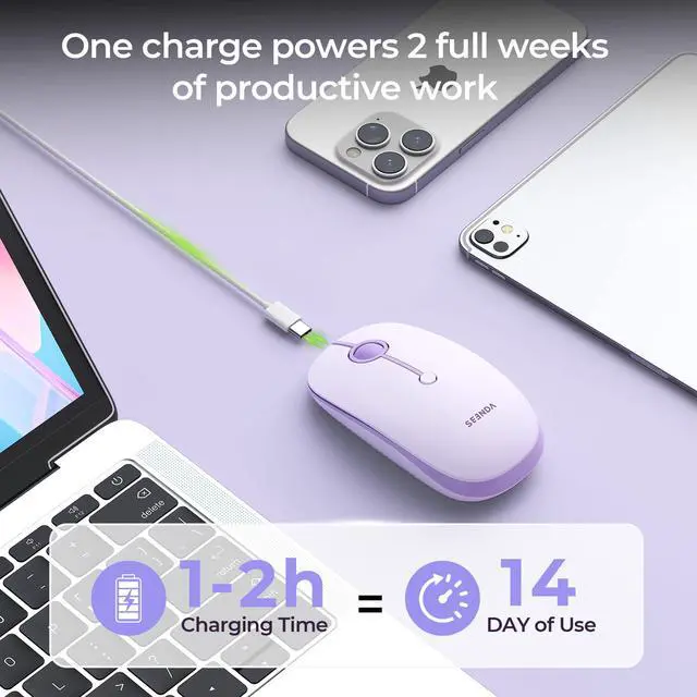 Alt view image 5 of 7 - MOU001 Bluetooth Wireless Mouse, 3-Device Connection (USB & Dual Bluetooth), Ergonomic Mouse for Laptop, Rechargeable Quiet Click Computer Mouse, 3-Level DPI for Windows, Mac Chromebook,Purple