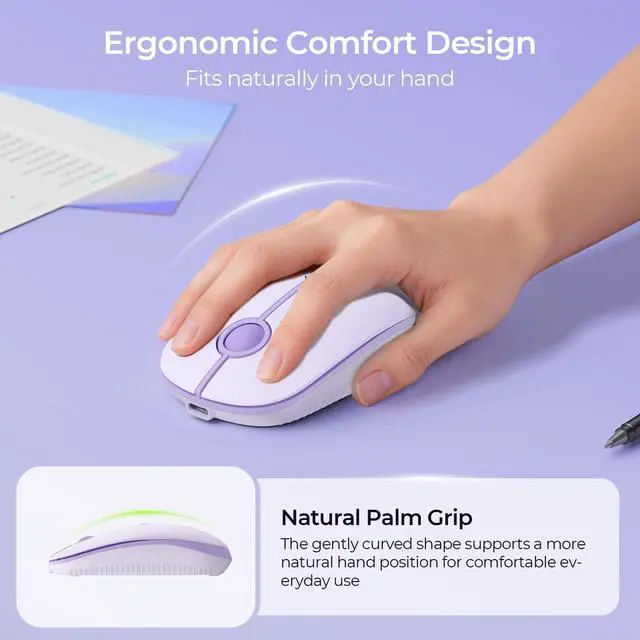 Alt view image 2 of 7 - MOU001 Bluetooth Wireless Mouse, 3-Device Connection (USB & Dual Bluetooth), Ergonomic Mouse for Laptop, Rechargeable Quiet Click Computer Mouse, 3-Level DPI for Windows, Mac Chromebook,Purple