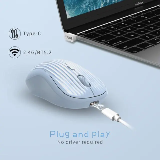 Alt view image 6 of 7 - Wireless Mouse, 2.4G + BT, Rechargeable Battery, 4-Key, DPI: 800/1200/1600, Silent, Type-C, USB Nano Receiver, Ergonomic, Portable, for Laptop, Chromebook, PC, Mac, Windows Blue
