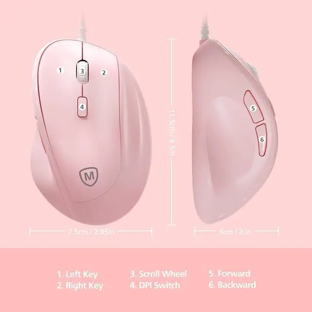 Alt view image 3 of 7 - Ergonomic Mouse Wired for Laptop, PC Computer and Desktop, Ergo Mouse Vertical with Silent Clicks, Up to 3200 DPI Adjustable Mouse Sensitivity, Pink