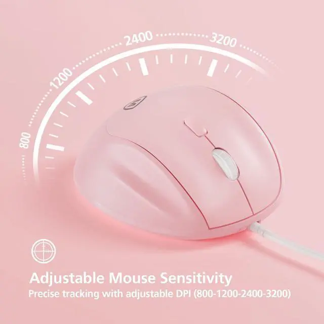 Alt view image 5 of 7 - Ergonomic Mouse Wired for Laptop, PC Computer and Desktop, Ergo Mouse Vertical with Silent Clicks, Up to 3200 DPI Adjustable Mouse Sensitivity, Pink