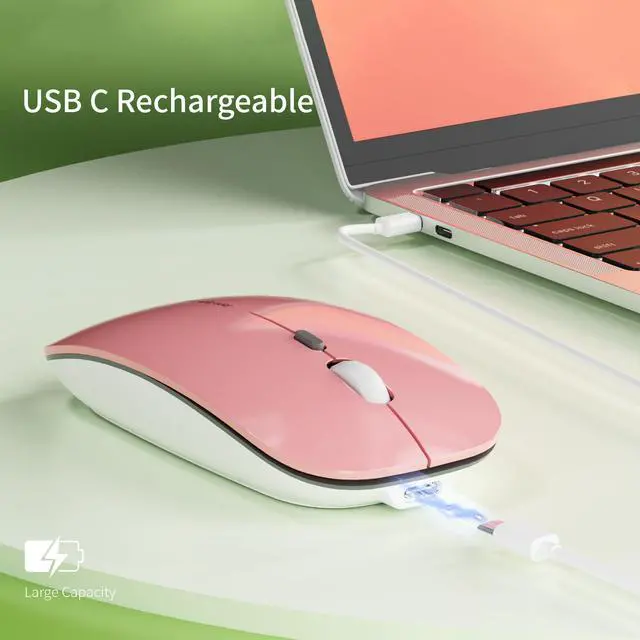 Alt view image 3 of 7 - Q5 Slim Rechargeable Wireless Mouse, 2.4G Portable Optical Silent Ultra Thin Wireless Computer Mouse with USB Receiver and Type C Adapter, Compatible with PC, Laptop, Desktop (Pink)