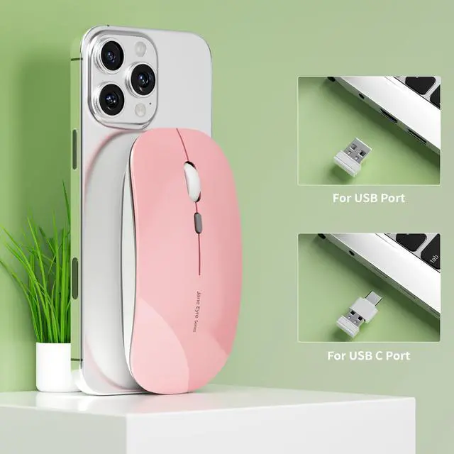 Alt view image 2 of 7 - Q5 Slim Rechargeable Wireless Mouse, 2.4G Portable Optical Silent Ultra Thin Wireless Computer Mouse with USB Receiver and Type C Adapter, Compatible with PC, Laptop, Desktop (Pink)