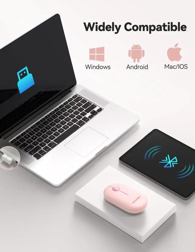 Alt view image 4 of 7 - Bluetooth Mouse, Slim Portable Wireless Mouse for 2 Modes(BT3.0/5.0+2.4Ghz), Lightweight, Contoured Grip with USB Receiver, Quiet Click Compatible with PC, Chromebook, Mac - Pink