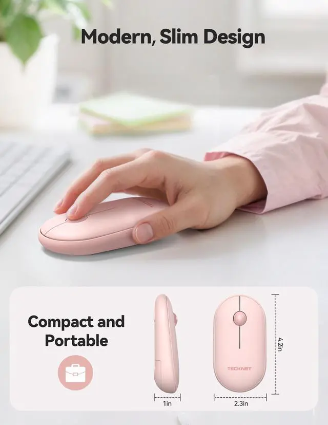Alt view image 6 of 7 - Bluetooth Mouse, Slim Portable Wireless Mouse for 2 Modes(BT3.0/5.0+2.4Ghz), Lightweight, Contoured Grip with USB Receiver, Quiet Click Compatible with PC, Chromebook, Mac - Pink