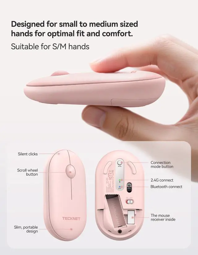 Alt view image 7 of 7 - Bluetooth Mouse, Slim Portable Wireless Mouse for 2 Modes(BT3.0/5.0+2.4Ghz), Lightweight, Contoured Grip with USB Receiver, Quiet Click Compatible with PC, Chromebook, Mac - Pink