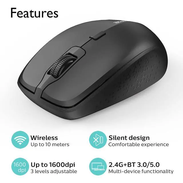 Alt view image 4 of 7 - Ergonomic Bluetooth Mouse and Mouse Pad for Laptop, Silent Mouse with 3-Levels DPI, USB Nano Receiver for Android PC Notebook Computer Mac-Black