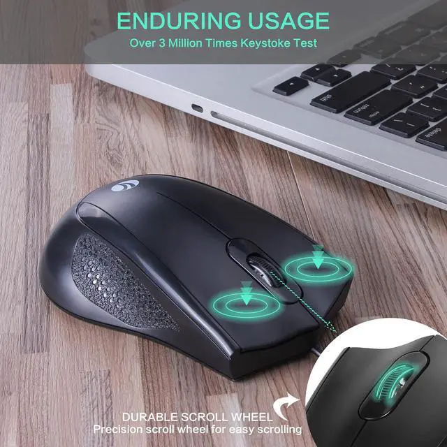 Alt view image 2 of 7 - Wired USB Mouse with 6-Foot Cord, 1200 DPI, Right or Left Hand Use, Ergonomic Design, Black