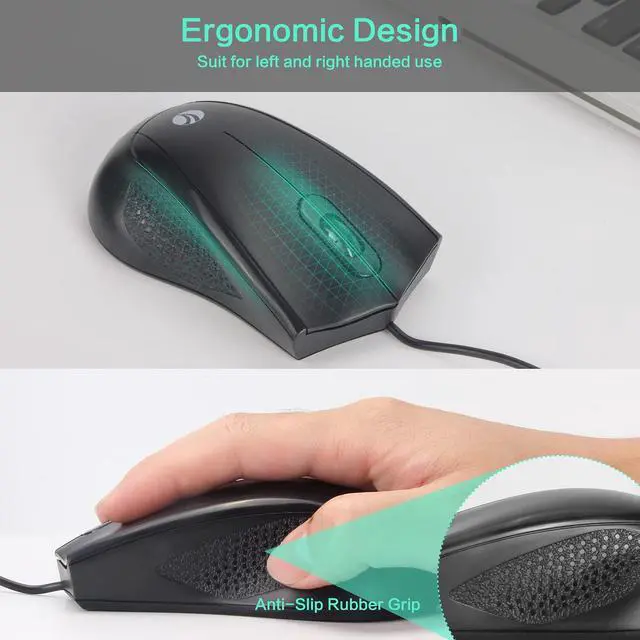 Alt view image 3 of 7 - Wired USB Mouse with 6-Foot Cord, 1200 DPI, Right or Left Hand Use, Ergonomic Design, Black