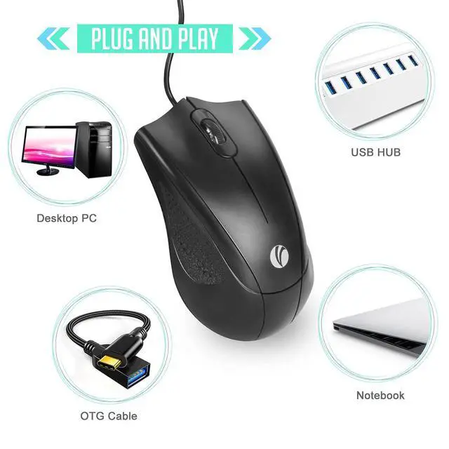 Alt view image 6 of 7 - Wired USB Mouse with 6-Foot Cord, 1200 DPI, Right or Left Hand Use, Ergonomic Design, Black