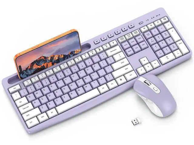 Main image of Purple Wireless Keyboard and Mouse Combo, 2.4GHz USB Receiver, with Phone Holder and Numeric Keypad, OMOTON Full-Size Keyboard for Windows/PC/Laptop/Computer, Silent Typing Keys for Office/Home