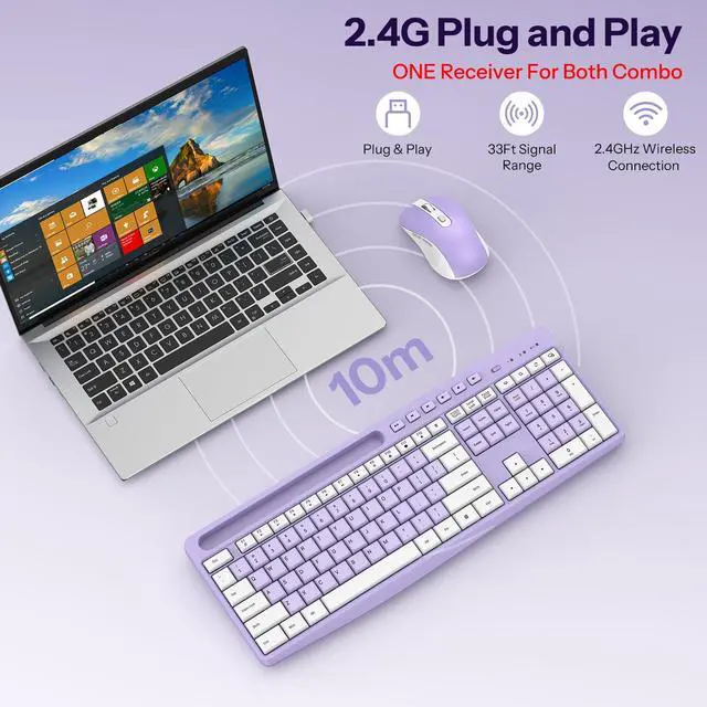 Alt view image 2 of 7 - Purple Wireless Keyboard and Mouse Combo, 2.4GHz USB Receiver, with Phone Holder and Numeric Keypad, OMOTON Full-Size Keyboard for Windows/PC/Laptop/Computer, Silent Typing Keys for Office/Home