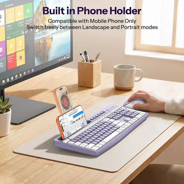 Alt view image 3 of 7 - Purple Wireless Keyboard and Mouse Combo, 2.4GHz USB Receiver, with Phone Holder and Numeric Keypad, OMOTON Full-Size Keyboard for Windows/PC/Laptop/Computer, Silent Typing Keys for Office/Home