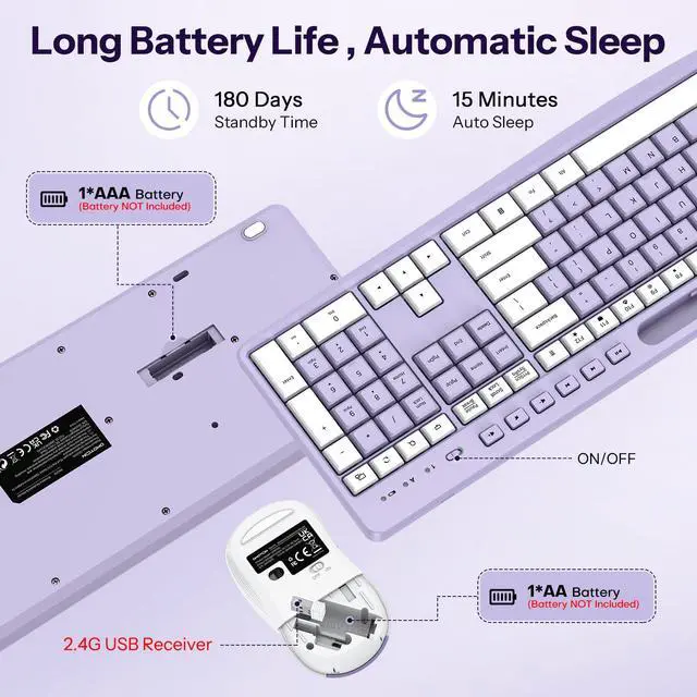 Alt view image 4 of 7 - Purple Wireless Keyboard and Mouse Combo, 2.4GHz USB Receiver, with Phone Holder and Numeric Keypad, OMOTON Full-Size Keyboard for Windows/PC/Laptop/Computer, Silent Typing Keys for Office/Home