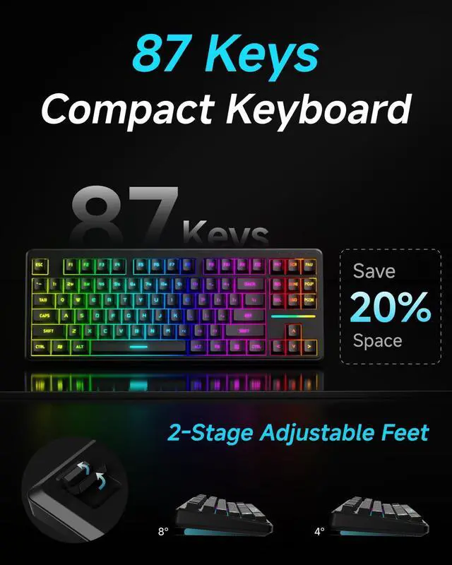 Alt view image 5 of 7 - V80 Wired TKL RGB Gaming Keyboard, 80% Compact Layout with PBT Keycaps, Whisper Quiet Membrane Switch, 26-Key Anti-Ghosting, Ergonomic Computer Keyboard for Laptop PC Gamer - Black
