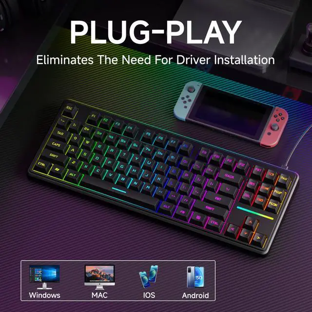 Alt view image 3 of 7 - V80 Wired TKL RGB Gaming Keyboard, 80% Compact Layout with PBT Keycaps, Whisper Quiet Membrane Switch, 26-Key Anti-Ghosting, Ergonomic Computer Keyboard for Laptop PC Gamer - Black