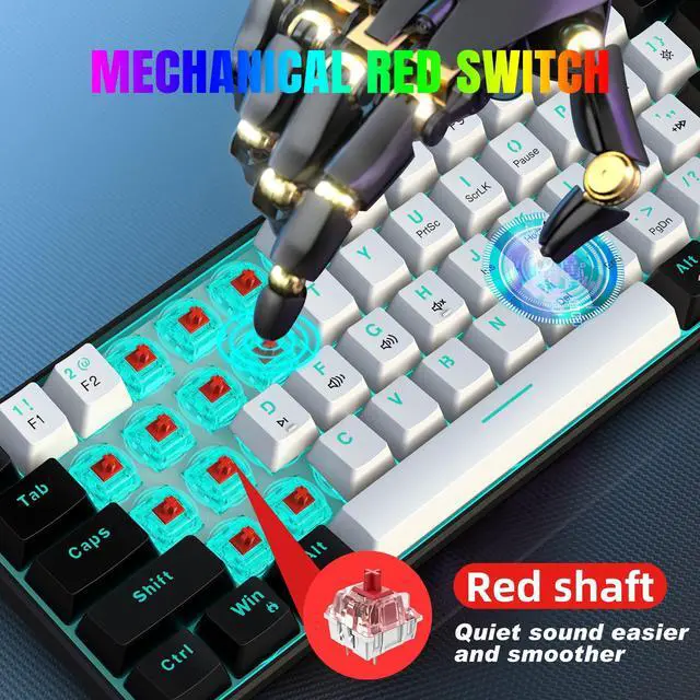 Alt view image 2 of 7 - 60% Wired Mechanical Gaming Keyboard, Ice Blue LED Backlit 61 Keys Mini Wired Office Keyboard for Windows Laptop PC Mac (Black-White, Red Switches)