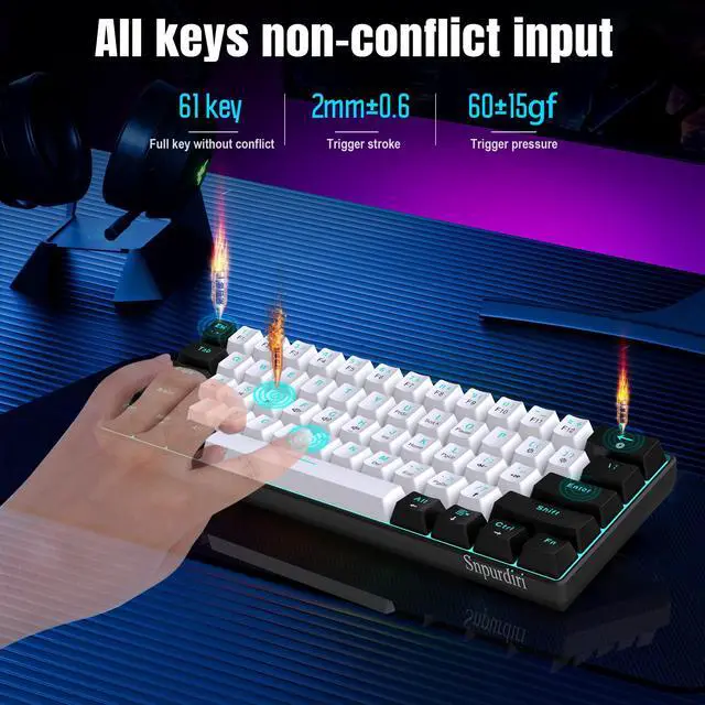 Alt view image 6 of 7 - 60% Wired Mechanical Gaming Keyboard, Ice Blue LED Backlit 61 Keys Mini Wired Office Keyboard for Windows Laptop PC Mac (Black-White, Red Switches)