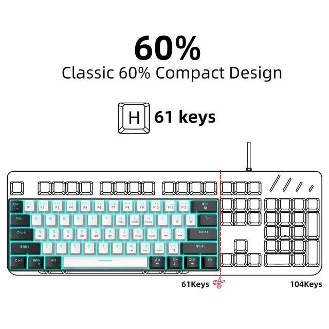 Alt view image 5 of 7 - 60% Wired Mechanical Gaming Keyboard, Ice Blue LED Backlit 61 Keys Mini Wired Office Keyboard for Windows Laptop PC Mac (Black-White, Red Switches)
