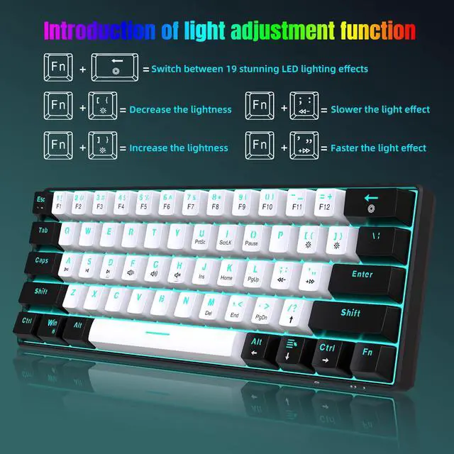 Alt view image 4 of 7 - 60% Wired Mechanical Gaming Keyboard, Ice Blue LED Backlit 61 Keys Mini Wired Office Keyboard for Windows Laptop PC Mac (Black-White, Red Switches)