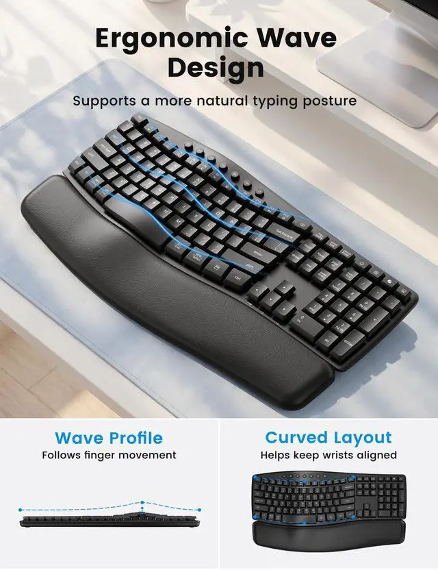 Alt view image 2 of 7 - Wireless Keyboard and Mouse Combo, MA41 30dB Quiet Ergonomic Wave Keyboard Set with Soft Leather Palm Rest, Dual-System Switch for Windows/Mac, Ideal for Business Teams Home Office