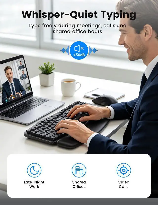 Alt view image 4 of 7 - Wireless Keyboard and Mouse Combo, MA41 30dB Quiet Ergonomic Wave Keyboard Set with Soft Leather Palm Rest, Dual-System Switch for Windows/Mac, Ideal for Business Teams Home Office