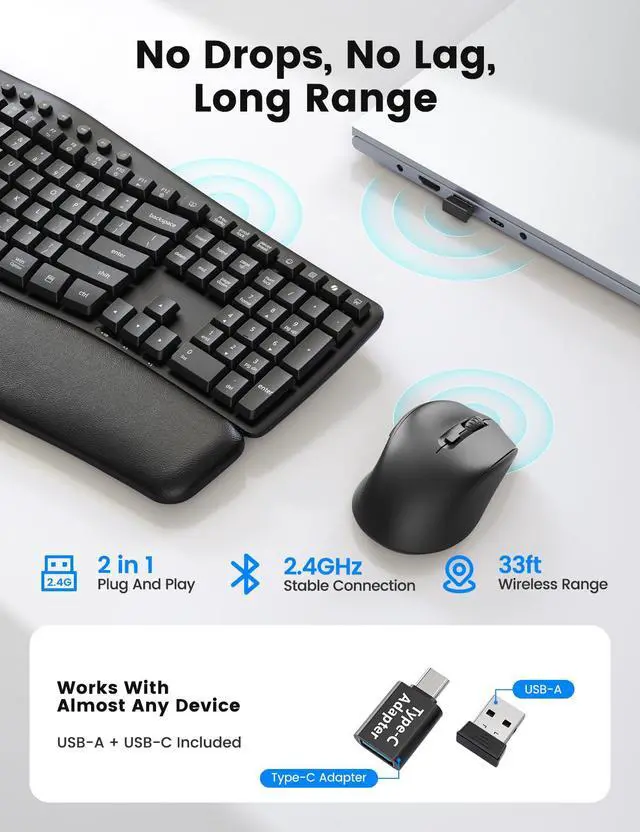 Alt view image 5 of 7 - Wireless Keyboard and Mouse Combo, MA41 30dB Quiet Ergonomic Wave Keyboard Set with Soft Leather Palm Rest, Dual-System Switch for Windows/Mac, Ideal for Business Teams Home Office