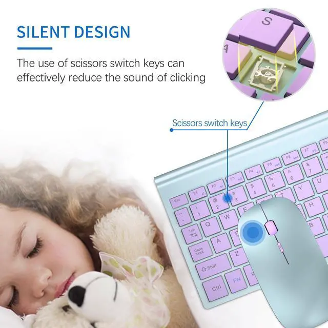 Alt view image 2 of 6 - Wireless Keyboard and Mouse Ultra Slim Combo, 2.4G Silent Compact USB 2400DPI Mouse and Scissor Switch Keyboard Set with Cover, Batteries Included, for PC/Laptop/Windows/Mac - Blue Purple