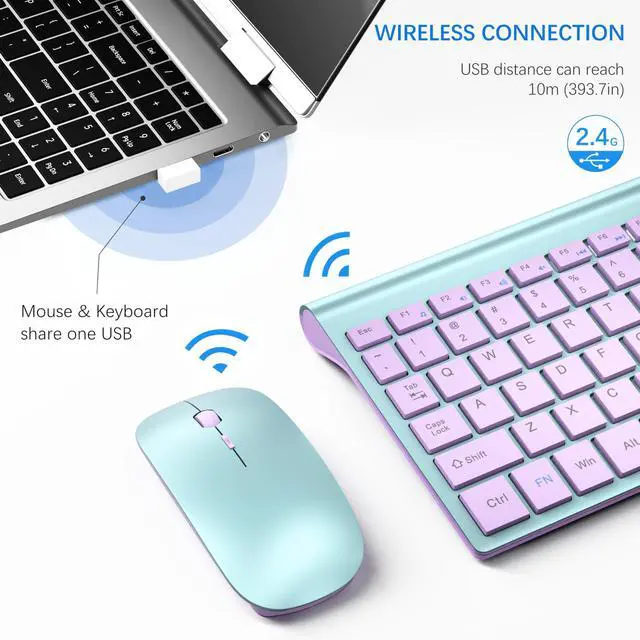 Alt view image 3 of 6 - Wireless Keyboard and Mouse Ultra Slim Combo, 2.4G Silent Compact USB 2400DPI Mouse and Scissor Switch Keyboard Set with Cover, Batteries Included, for PC/Laptop/Windows/Mac - Blue Purple