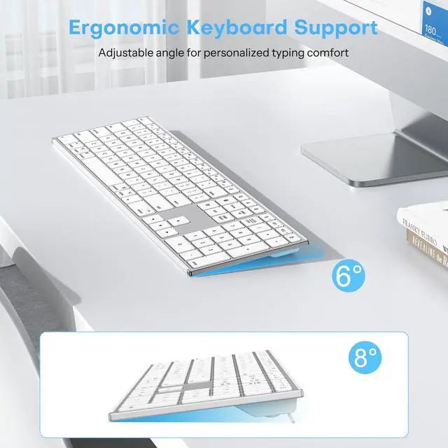 Alt view image 4 of 7 - Full Size Wireless Bluetooth Keyboard for Mac, Ultra Slim Quiet Metal Frame, BT+2.4G Triple Rechargeable Ergonomic for Office/Home, Compatible with MacBook/iMac/Mac mini/macOS 11.3+, Silver