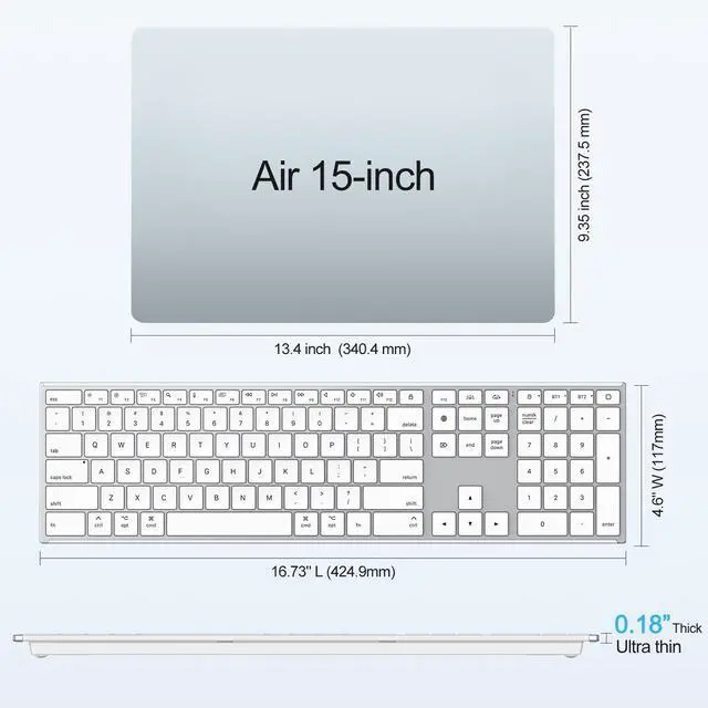 Alt view image 5 of 7 - Full Size Wireless Bluetooth Keyboard for Mac, Ultra Slim Quiet Metal Frame, BT+2.4G Triple Rechargeable Ergonomic for Office/Home, Compatible with MacBook/iMac/Mac mini/macOS 11.3+, Silver
