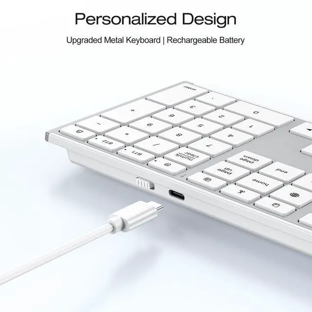 Alt view image 6 of 7 - Full Size Wireless Bluetooth Keyboard for Mac, Ultra Slim Quiet Metal Frame, BT+2.4G Triple Rechargeable Ergonomic for Office/Home, Compatible with MacBook/iMac/Mac mini/macOS 11.3+, Silver