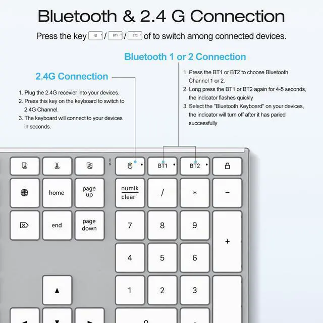 Alt view image 7 of 7 - Full Size Wireless Bluetooth Keyboard for Mac, Ultra Slim Quiet Metal Frame, BT+2.4G Triple Rechargeable Ergonomic for Office/Home, Compatible with MacBook/iMac/Mac mini/macOS 11.3+, Silver