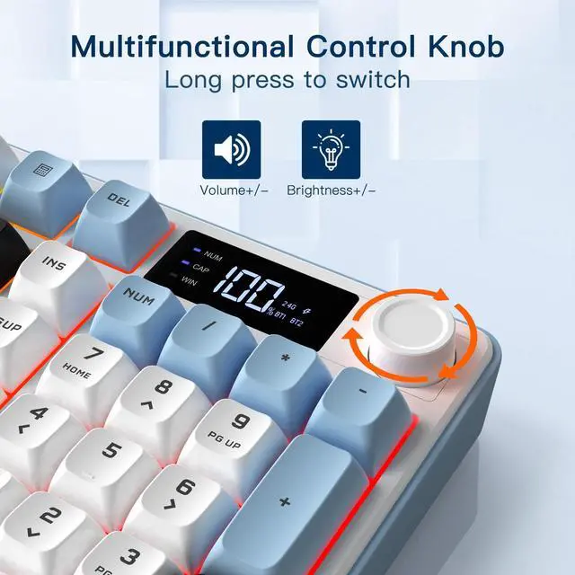 Alt view image 4 of 6 - GK210 Wireless Gaming Keyboard with Display & Knob, Tri-Mode BT5.0/2.4GHz/Wired Connectivity RGB Backlit Keyboard with Number Pad, 98-Key Layout, 26-Key Anti-Ghosting, Compatible for Mac, Windows