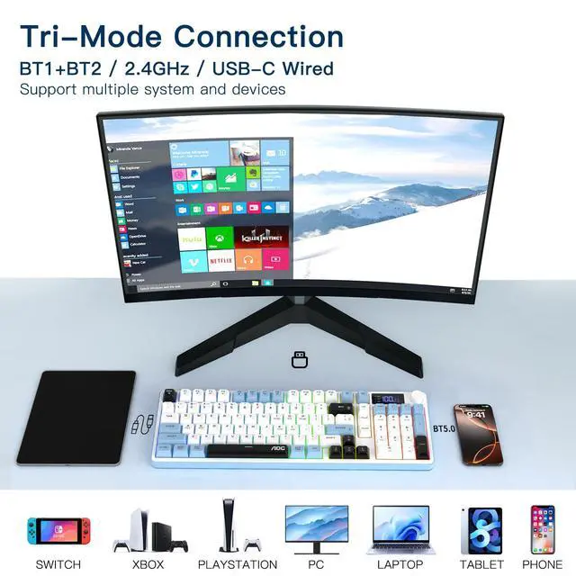 Alt view image 3 of 6 - GK210 Wireless Gaming Keyboard with Display & Knob, Tri-Mode BT5.0/2.4GHz/Wired Connectivity RGB Backlit Keyboard with Number Pad, 98-Key Layout, 26-Key Anti-Ghosting, Compatible for Mac, Windows