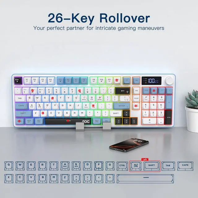 Alt view image 5 of 6 - GK210 Wireless Gaming Keyboard with Display & Knob, Tri-Mode BT5.0/2.4GHz/Wired Connectivity RGB Backlit Keyboard with Number Pad, 98-Key Layout, 26-Key Anti-Ghosting, Compatible for Mac, Windows
