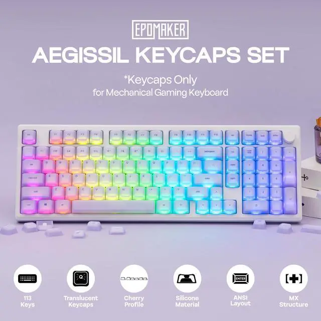 Alt view image 2 of 7 - AegisSil Keycap Set, Silicone Material, Cherry Profile, 113 Keys, 65%/75%/96%/Full Size, Custom Keyboard Keycaps Set for Cherry MX, Kailh, Outemu, Gateron Mechanical Gaming Keyboard (Purple)